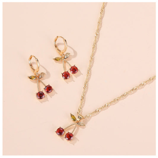 Temperament Cute Gem Cherry Necklace Earring Set