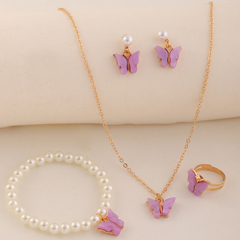 Children's Necklace Butterfly Accessories Girl Pearl Bracelet Ring Earring Set