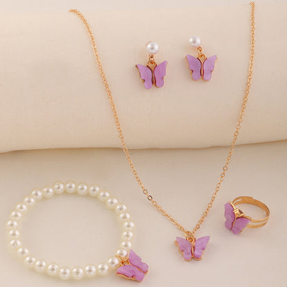 Children's Necklace Butterfly Accessories Girl Pearl Bracelet Ring Earring Set